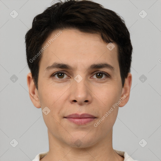 Joyful white young-adult male with short  brown hair and brown eyes