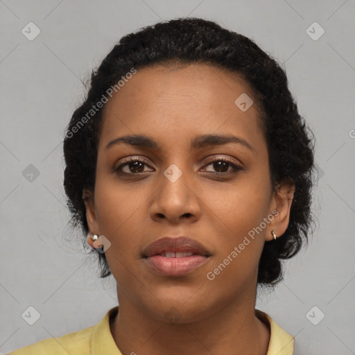 Neutral latino young-adult female with short  black hair and brown eyes