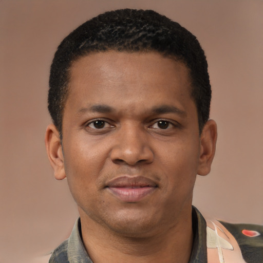Joyful latino young-adult male with short  brown hair and brown eyes