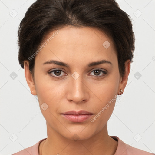 Neutral white young-adult female with short  brown hair and brown eyes