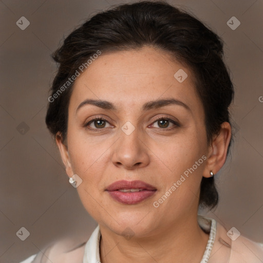 Joyful white adult female with short  brown hair and brown eyes