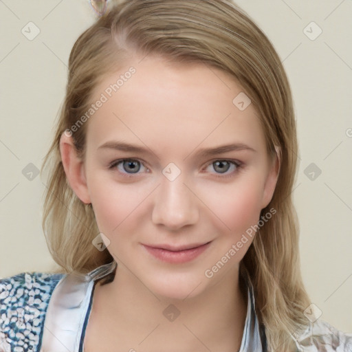 Joyful white young-adult female with medium  brown hair and blue eyes