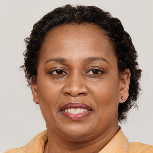 Joyful latino adult female with short  brown hair and brown eyes