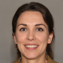 Joyful white adult female with medium  brown hair and brown eyes