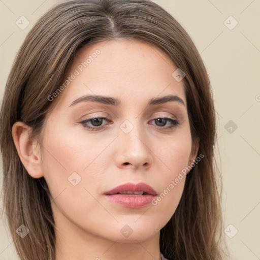 Neutral white young-adult female with long  brown hair and grey eyes