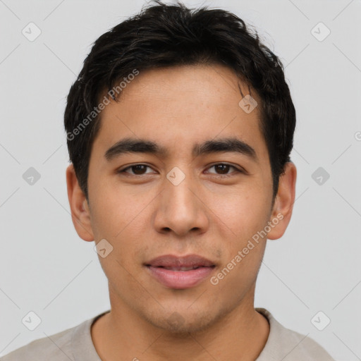 Neutral asian young-adult male with short  black hair and brown eyes