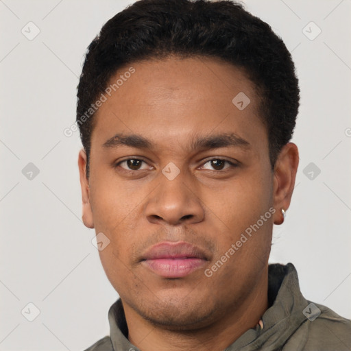 Neutral latino young-adult male with short  black hair and brown eyes