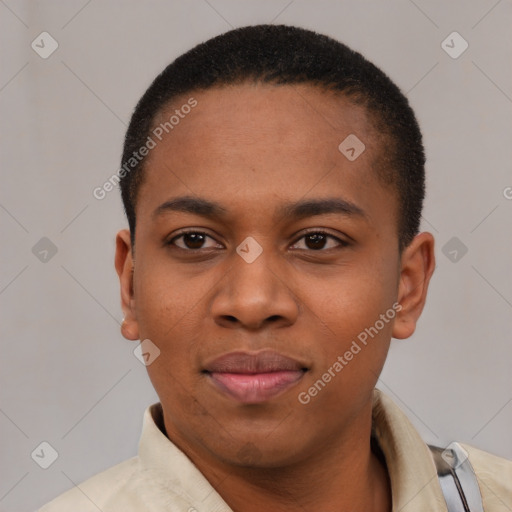 Joyful latino young-adult female with short  black hair and brown eyes