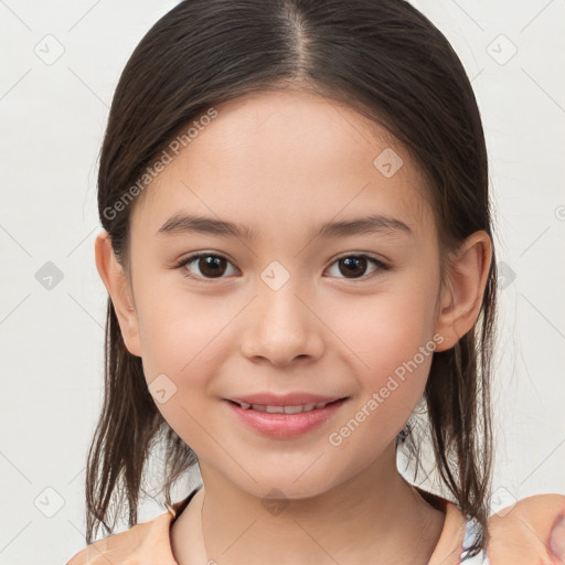 Joyful white child female with medium  brown hair and brown eyes