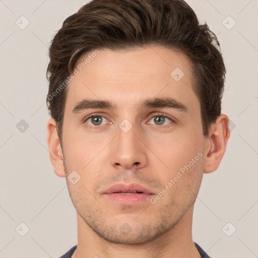 Neutral white young-adult male with short  brown hair and brown eyes