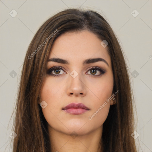 Neutral white young-adult female with long  brown hair and brown eyes