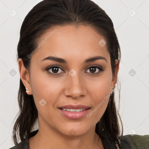 Joyful white young-adult female with medium  brown hair and brown eyes