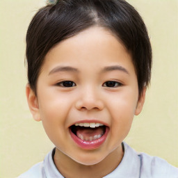 Joyful white child female with short  brown hair and brown eyes