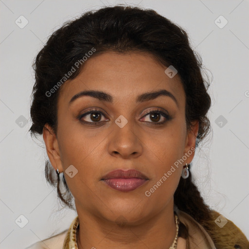 Joyful latino young-adult female with medium  brown hair and brown eyes