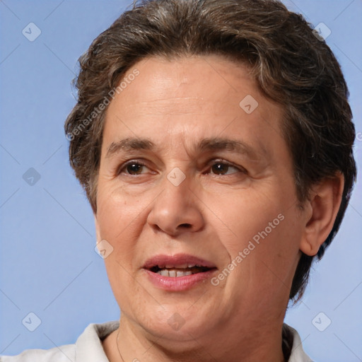 Joyful white adult female with short  brown hair and brown eyes