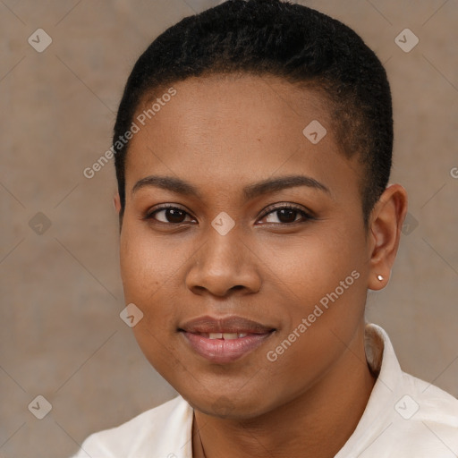 Joyful black young-adult female with short  brown hair and brown eyes