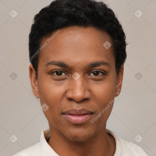 Joyful black young-adult female with short  black hair and brown eyes