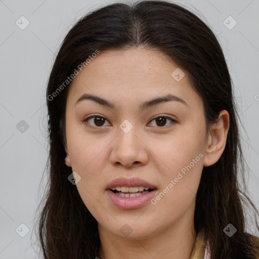 Joyful white young-adult female with long  brown hair and brown eyes