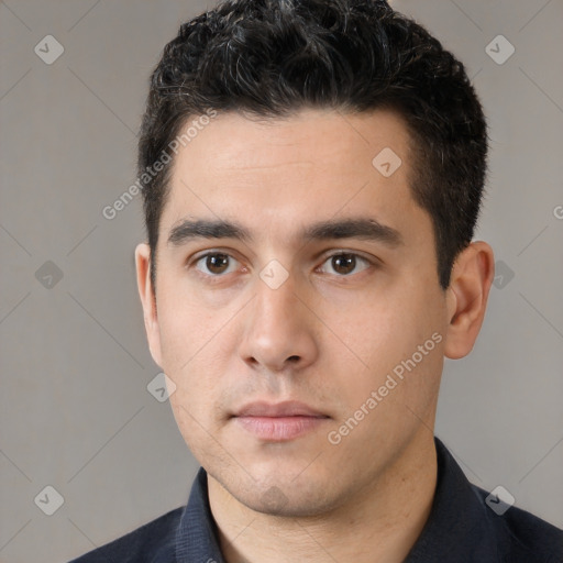 Neutral white young-adult male with short  black hair and brown eyes
