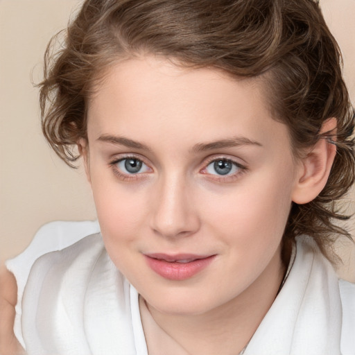 Joyful white child female with medium  brown hair and brown eyes