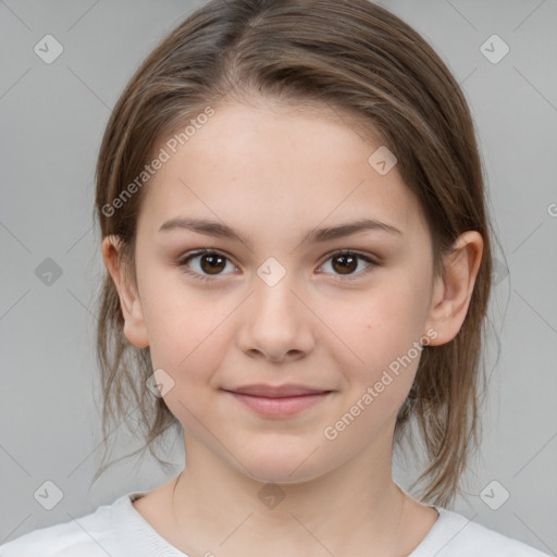 Joyful white child female with medium  brown hair and brown eyes