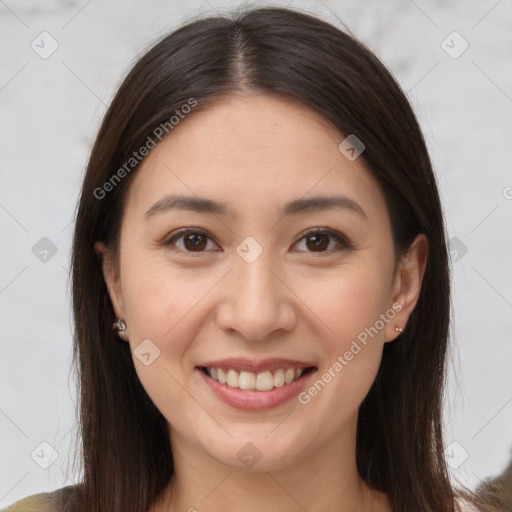 Joyful white young-adult female with long  brown hair and brown eyes