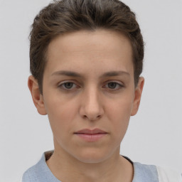 Neutral white young-adult female with short  brown hair and brown eyes