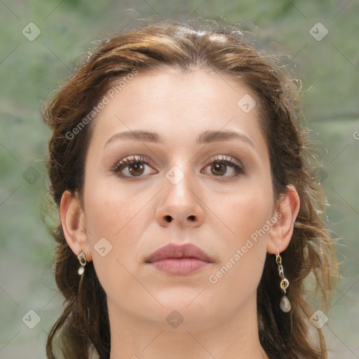 Neutral white young-adult female with medium  brown hair and brown eyes