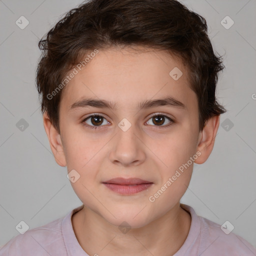 Joyful white child female with short  brown hair and brown eyes