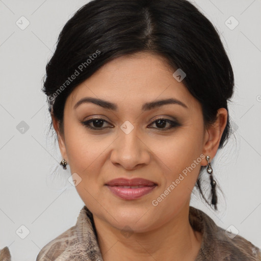 Joyful latino young-adult female with medium  brown hair and brown eyes