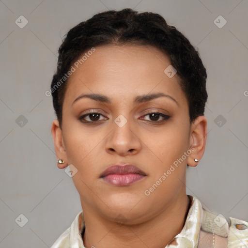 Neutral latino young-adult female with short  brown hair and brown eyes