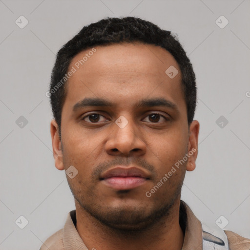 Neutral latino young-adult male with short  black hair and brown eyes