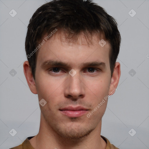 Neutral white young-adult male with short  brown hair and brown eyes