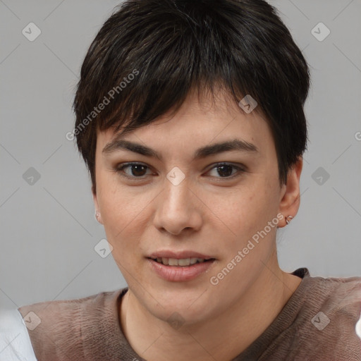 Joyful white young-adult female with short  brown hair and brown eyes