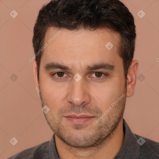 Neutral white adult male with short  brown hair and brown eyes