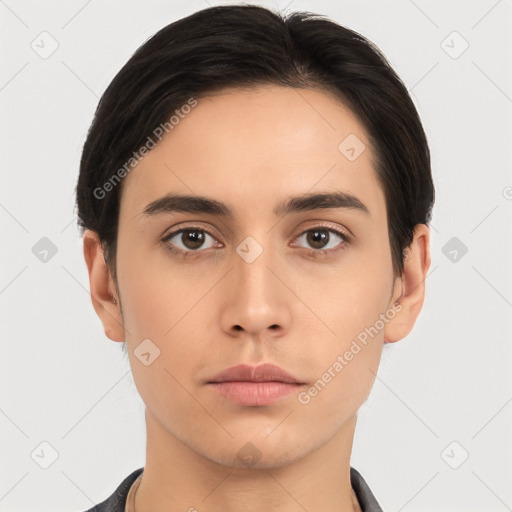 Neutral asian young-adult male with short  brown hair and brown eyes