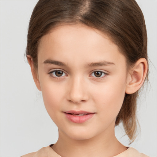 Joyful white child female with medium  brown hair and brown eyes