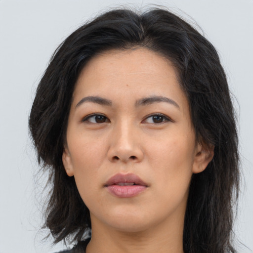 Neutral asian young-adult female with long  brown hair and brown eyes