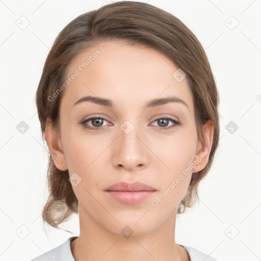 Neutral white young-adult female with medium  brown hair and grey eyes