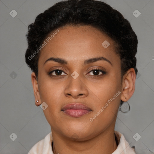 Joyful latino young-adult female with short  brown hair and brown eyes