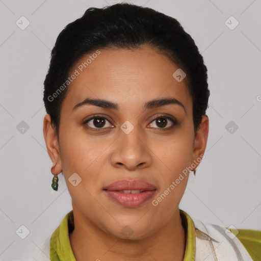 Joyful latino young-adult female with short  black hair and brown eyes