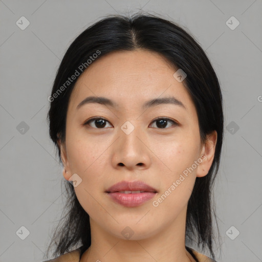 Neutral asian young-adult female with medium  black hair and brown eyes