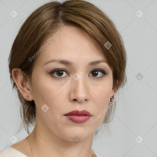 Neutral white young-adult female with medium  brown hair and brown eyes