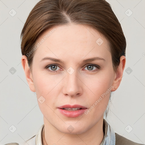 Neutral white young-adult female with short  brown hair and grey eyes