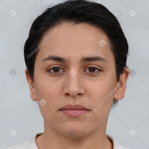 Neutral white young-adult female with short  brown hair and brown eyes