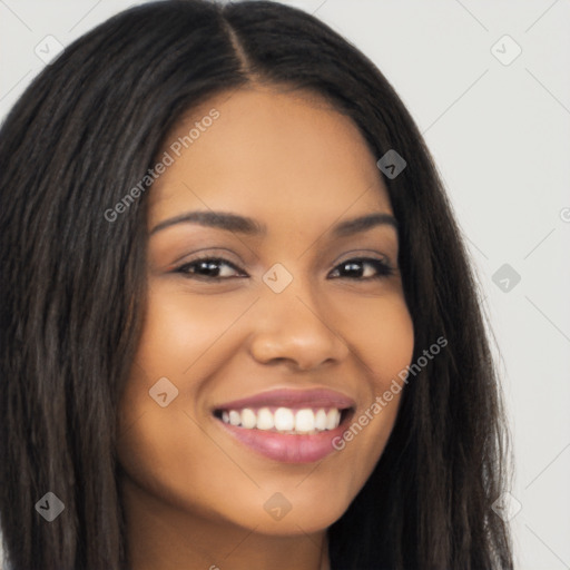 Joyful latino young-adult female with long  brown hair and brown eyes