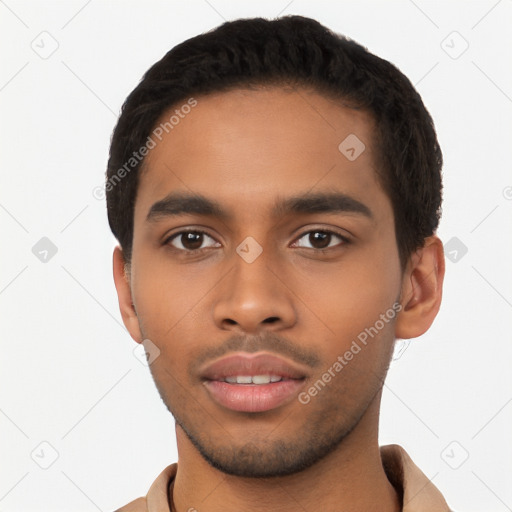 Neutral latino young-adult male with short  black hair and brown eyes