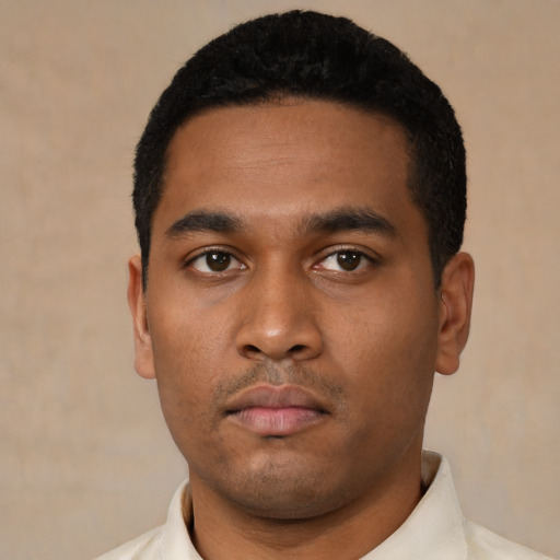 Neutral black young-adult male with short  black hair and brown eyes