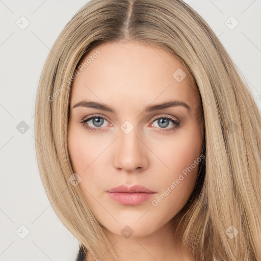 Neutral white young-adult female with long  brown hair and brown eyes