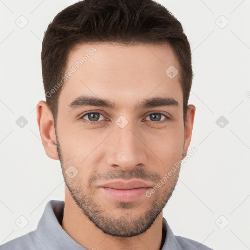 Neutral white young-adult male with short  brown hair and brown eyes